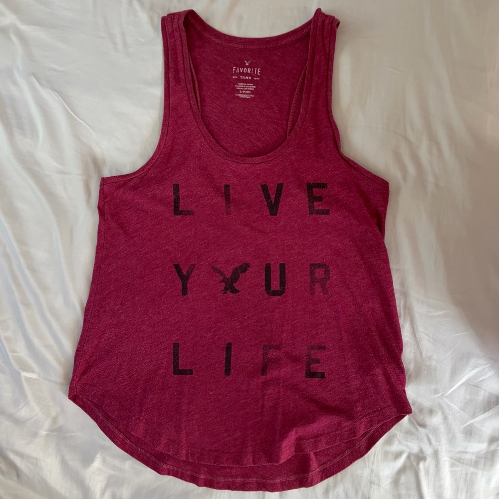 American Eagle Outfitters Maroon Graphic 'LIVE YOUR LIFE' Tank Top